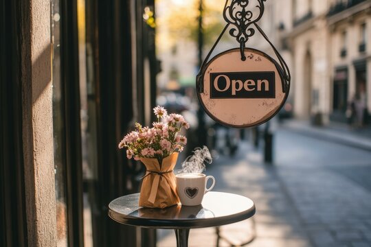 Charming small business open sign with flowers and coffee cup inviting customers with welcoming atmosphere - Powered by Adobe