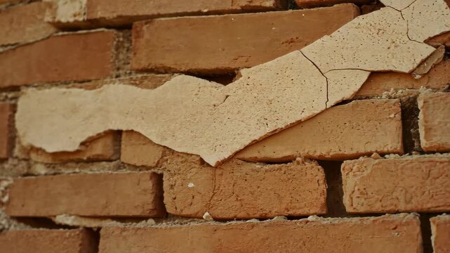 Weathered Brick Texture: Close-up of a weathered brick wall, the rough texture of the bricks is accentuated by a cracked patch of stucco, capturing the essence of age and decay.