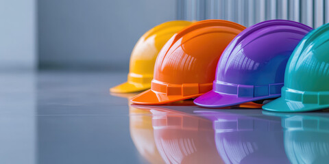 Four colorful hard hats in different shades are lined up on a shiny surface. Safety equipment, colorful design, construction concept