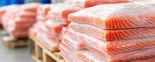 Stacked packages of salmon fillets are arranged neatly on wooden pallets. Concept: seafood packaging, distribution, food industry