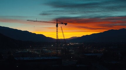 Tower crane silhouette operating over busy industrial site during sunrise, showcasing heavy construction