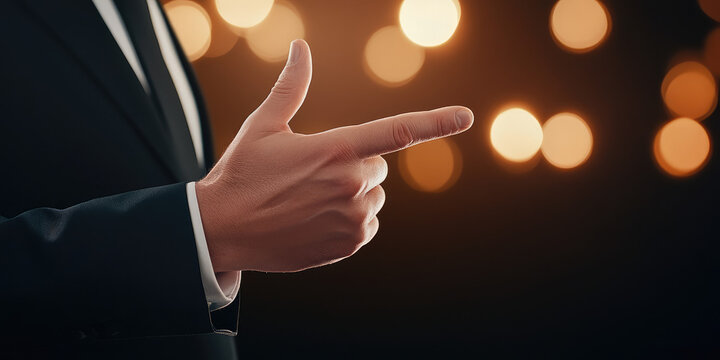 A hand in a suit points forward against a backdrop of blurred lights. direction, elegance, and focus