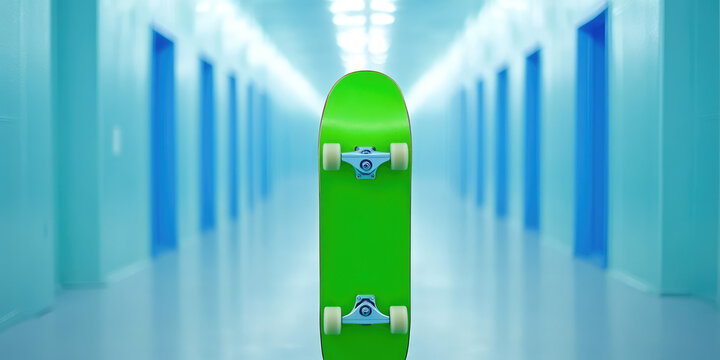 A green skateboard is standing upright in a long, brightly-lit corridor. modern minimalism, urban lifestyle, vibrant color contrast