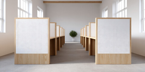 Open-office cubicles lined neatly with a small plant at the end against the wall. Modern workspace, minimal design, organized environment