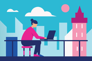 Woman working on laptop on balcony overlooking city