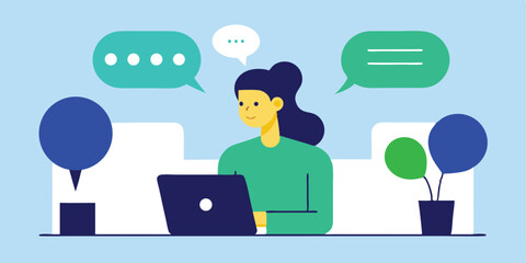 Woman working on laptop with chat bubbles and plants