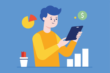 Young man analyzing financial data on tablet device