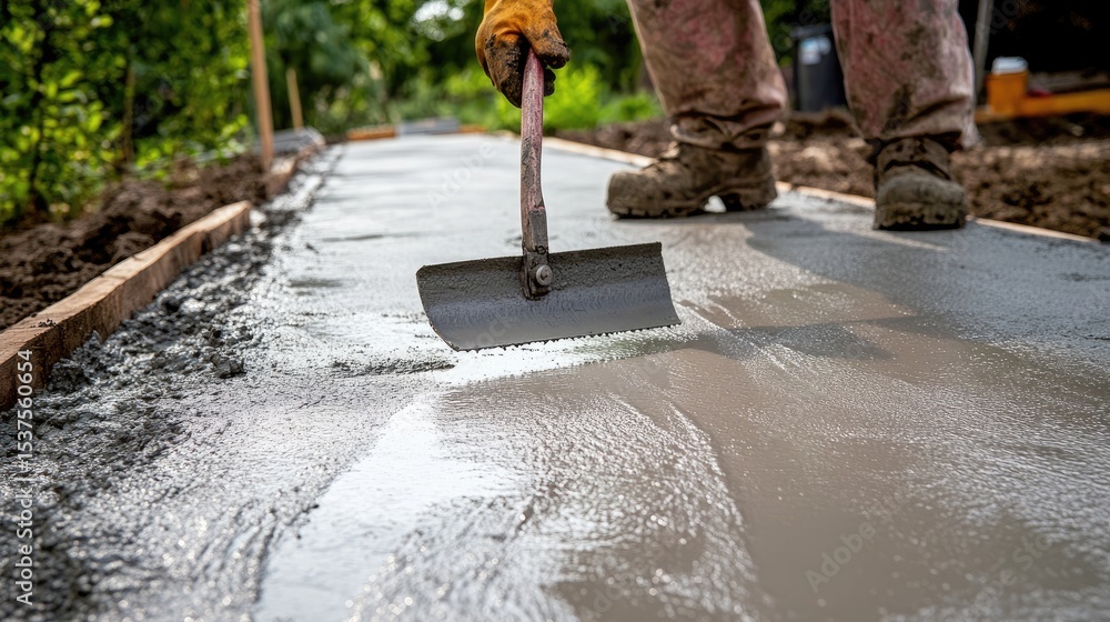 Aufkleber wet cement being leveled with screed tool on flat slab section of future sidewalk project