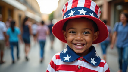 Smiling child wearing patriotic stars and stripes outfit and Uncle Sam hat on busy street, celebrating American spirit with joyful expression