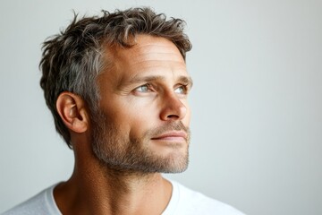 Obraz premium Creative pattern of style for aging men. Elegant men's classic long sweep haircut - midlife white man with hair. A peaceful and elegant male enjoying his moment. Pure white solid background.