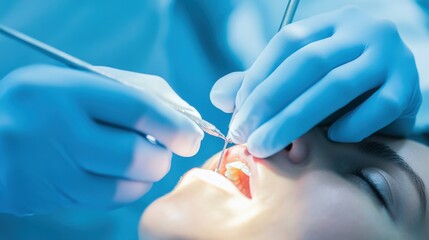 A dentist performing a dental implant procedure on a patient in a modern dental clinic against a clean white background, macro shot, Minimalist style