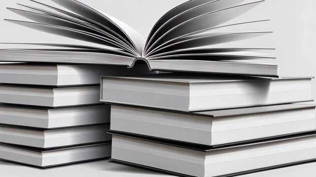 Stack of Books: A visually appealing stack of hardcover books, one open to reveal pages fanned out, creating an image ideal for educational and literary themes.