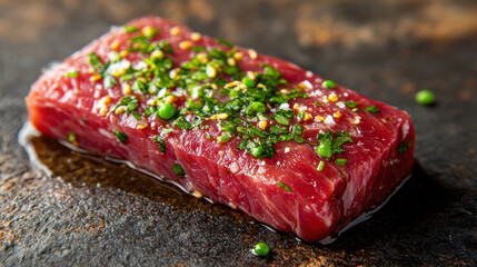 Raw pork fillet with a sheen of marinade visible on its surface, shot in sharp focus on a stone countertop 
