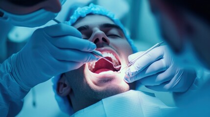 A dentist performing a dental implant surgery on a patient in a state-of-the-art dental clinic against a sterile, clinical background, macro shot