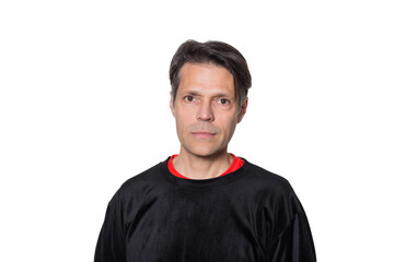Middle-aged man in casual clothes on white background, looking at the camera.