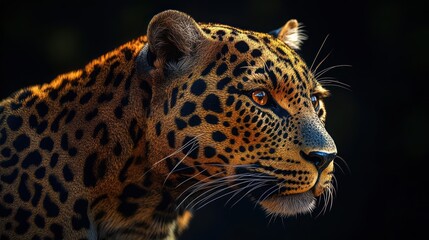 Naklejka premium Leopard portrait on a dark background, amber eyes piercing the view
