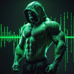 Futuristic muscular gorilla hacker in green digital hoodie with glowing binary code, cyberpunk primate character in techno-matrix environment