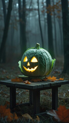 Glowing jack-o'-lantern carved from cabbage on wooden bench in misty forest, whimsical Halloween scene with autumn leaves and eerie atmosphere
