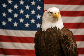 Naklejka premium Bald eagle standing against United States of America USA flag background for 4th of July.