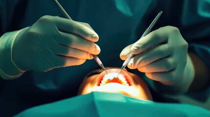 A dentist performing a root canal procedure on a patient in a dental operatory against a clean white background, macro shot, Minimalist style