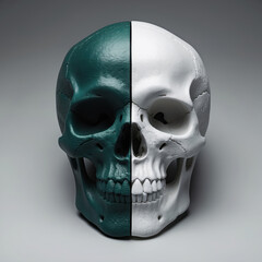 Split human skull with half painted green and half white, conceptual image symbolising contrast, duality, and life versus death themes