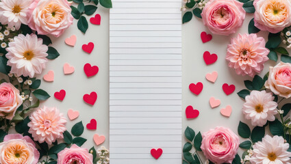 Romantic floral frame with blank space and paper hearts on white background