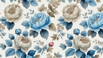 Seamless vintage floral pattern with soft blue and beige peonies on white background