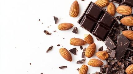 Dark chocolate squares and whole almonds scattered on a clean white background