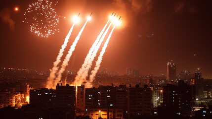 Iron Dome style anti‑aircraft missile interception at night with flare explosions over urban skyline, vivid contrast, dramatic lighting