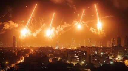 Iron Dome style anti‑aircraft missile interception at night with flare explosions over urban skyline, vivid contrast, dramatic lighting