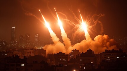 Iron Dome style anti‑aircraft missile interception at night with flare explosions over urban skyline, vivid contrast, dramatic lighting