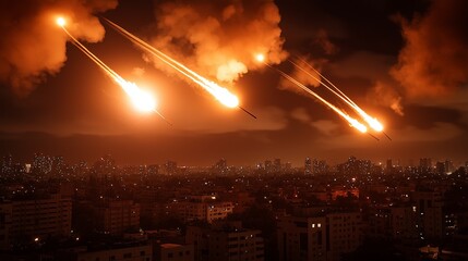 Iron Dome style anti‑aircraft missile interception at night with flare explosions over urban skyline, vivid contrast, dramatic lighting