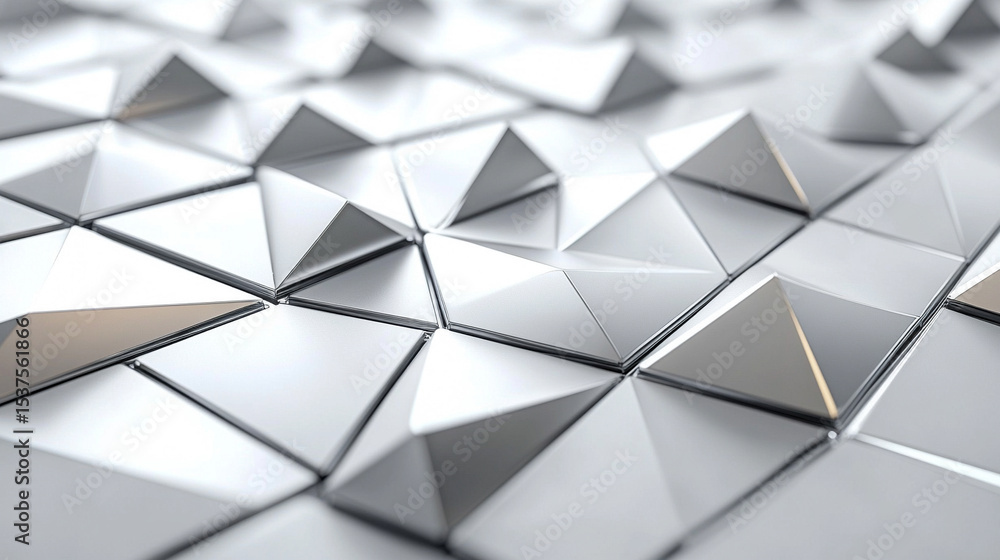 Poster reflective silver metallic pyramids arranged abstractly against a sleek background. modern geometric