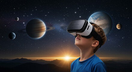 Exploring new worlds a boy s VR adventure through space beyond galaxy technology future virtual