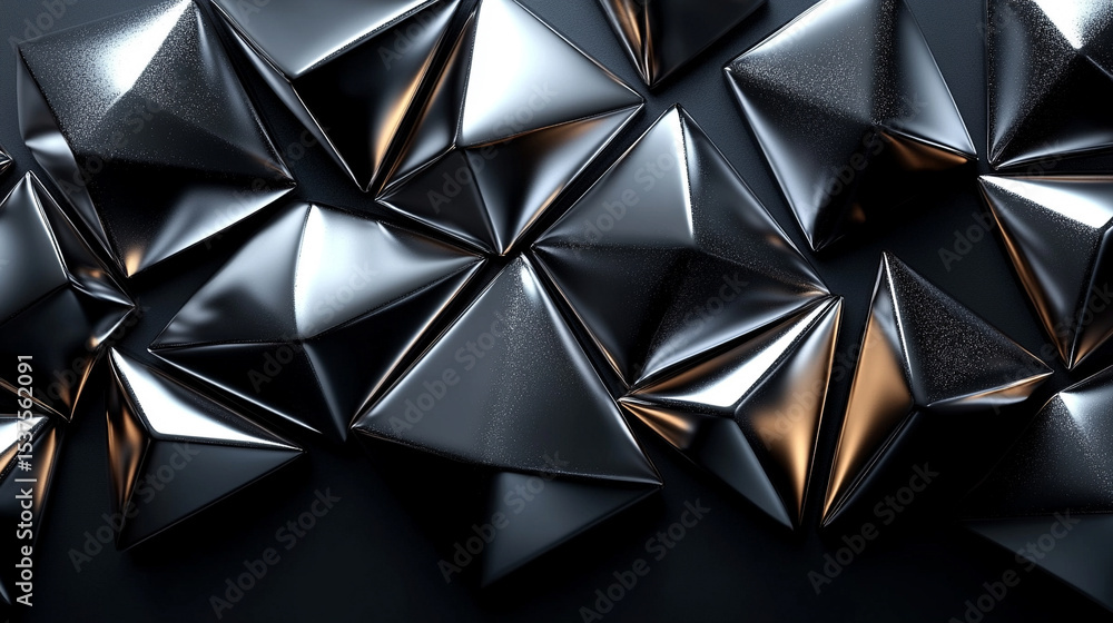 Poster reflective silver metallic pyramids arranged abstractly against a sleek background. modern geometric
