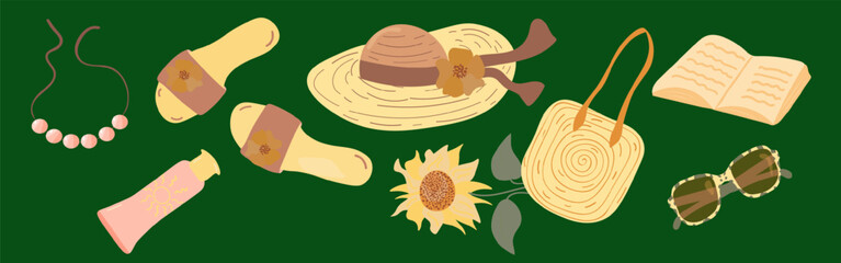 Summer vector illustration Set. Hat, flipflops, bag, glasses, book, necklace, lotion, sunflower. Perfect for vacation design, blogs and social networks.