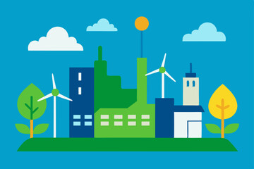 Green city landscape vector illustration featuring eco-friendly buildings, trees, and a clear sky, depicting an urban environment