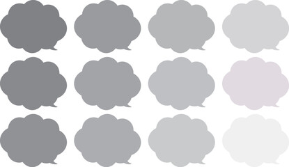 グレーのもこもこした吹き出しセット。１２色のグレー。雲の形のふきだし。