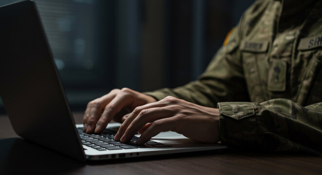 Soldier Typing on Laptop in Dark Room at Desk Military Professional Using Technology Security War