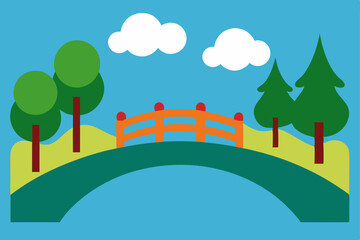 Obraz premium Serene Landscape Illustration Picturesque Bridge, Lush Trees, and Gentle Hills