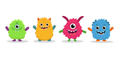 set of cartoon monsters. Cute monster in flat style. Kids funny character design for posters, cards, magazins. Vector illustration

