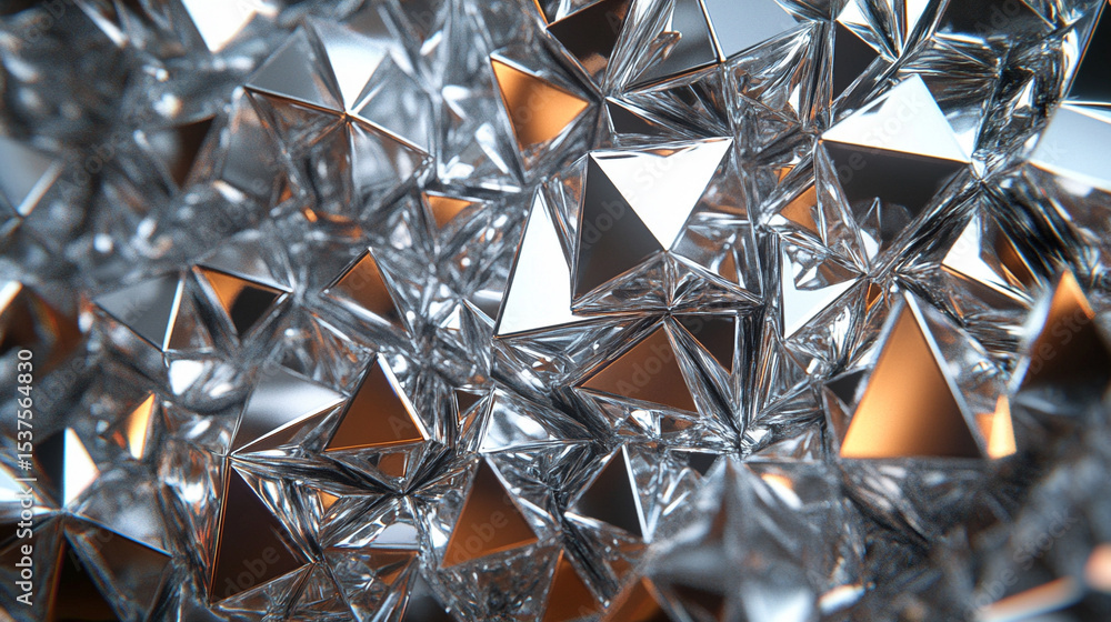 Poster reflective silver metallic pyramids arranged abstractly against a sleek background. modern geometric