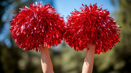 Two cheerleaders raising their pom-poms high with energy and enthusiasm. Minimalistic, blurred background with soft colors. Perfect for sports, team spirit, and celebration themes. Caption space on th