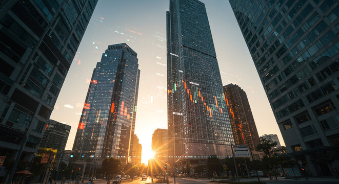Modern city skyline at sunset with digital stock market overlay finance investment opportunities