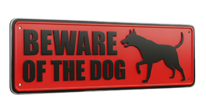 A red warning sign with the text 'BEWARE OF THE DOG' in bold black letters. The sign features a silhouette of a dog walking. Transparent background.