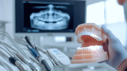 A dentist taking a digital impression of a patient's teeth in a high-tech dental office, with 3D scanning equipment and dental tools in the background, macro shot