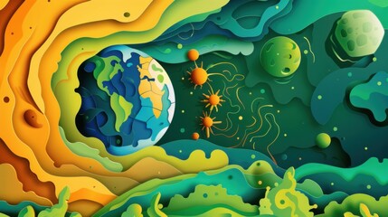 A depiction of Earth as a unified biosphere, supported by green energy, illustrated in a holistic art style