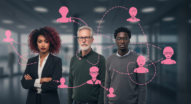 Three diverse colleagues teamwork collaboration leadership networking social connection professional