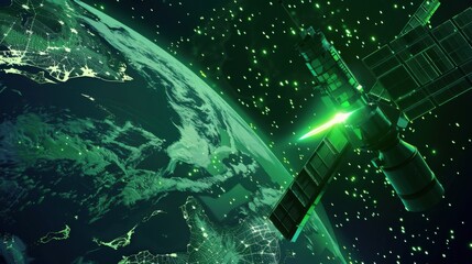 A depiction of Earth as seen from a space station, showcasing its green energy fields glowing against the dark of space, in a space observation art style