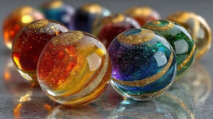   A cluster of multi-colored glass ornaments sits on a silver countertop, positioned beside one another atop a table